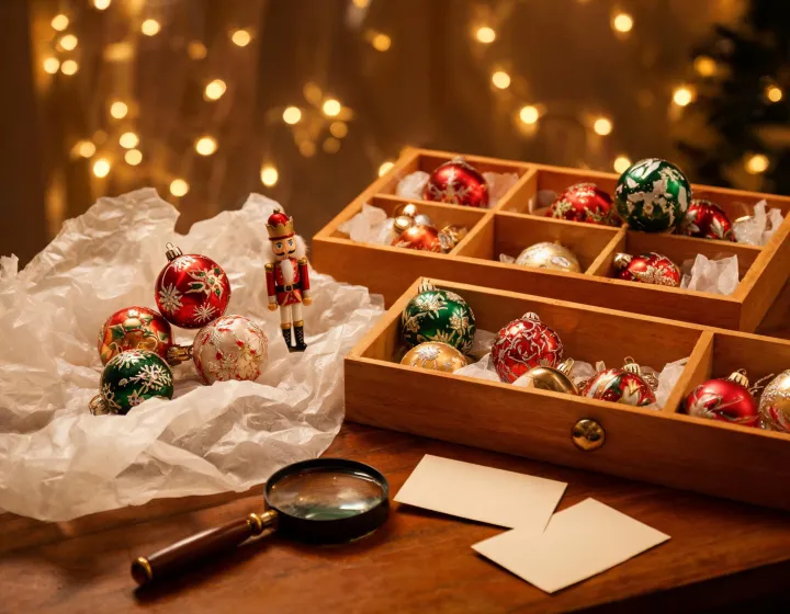 Collector examining Kurt Adler ornaments and edition notes