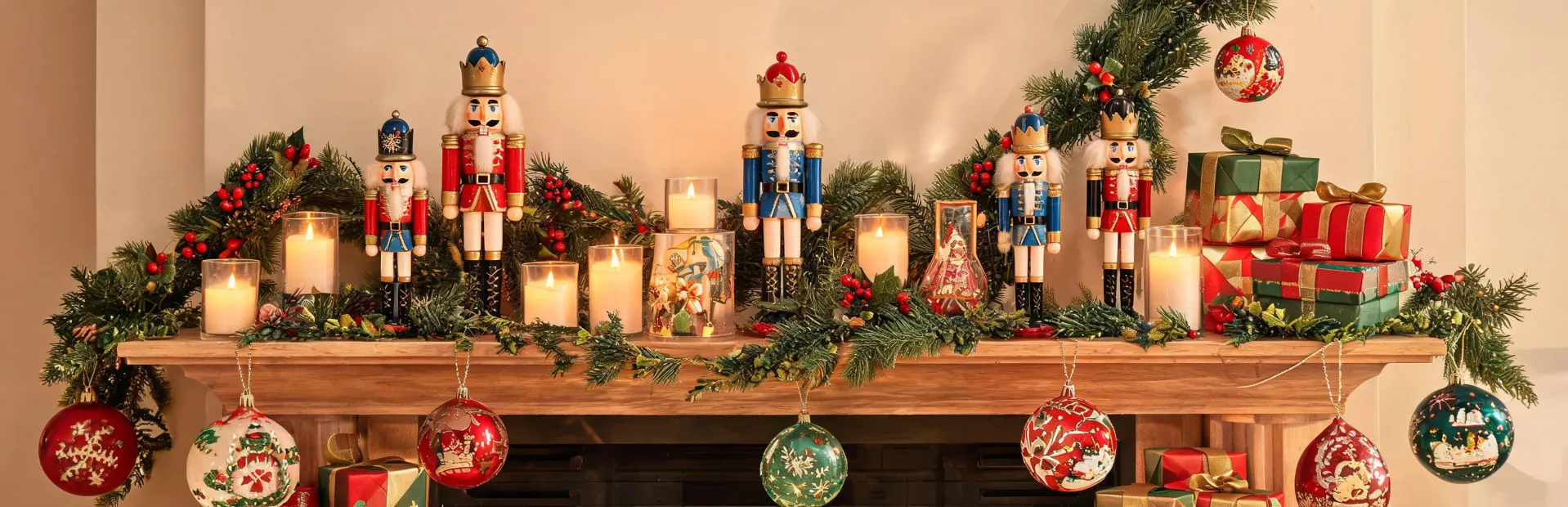 Kurt Adler collectible ornaments styled on a festive mantel