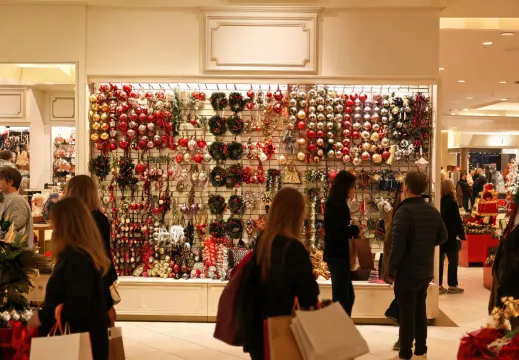 Department store holiday ornament wall