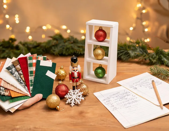 Gift buyer planning seasonal ornaments with advisor notes